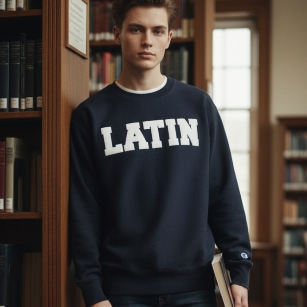 Vtg 90s Champion Reverse Weave Navy Blue LATIN Sweatshirt‎ Preppy Academia RARE!